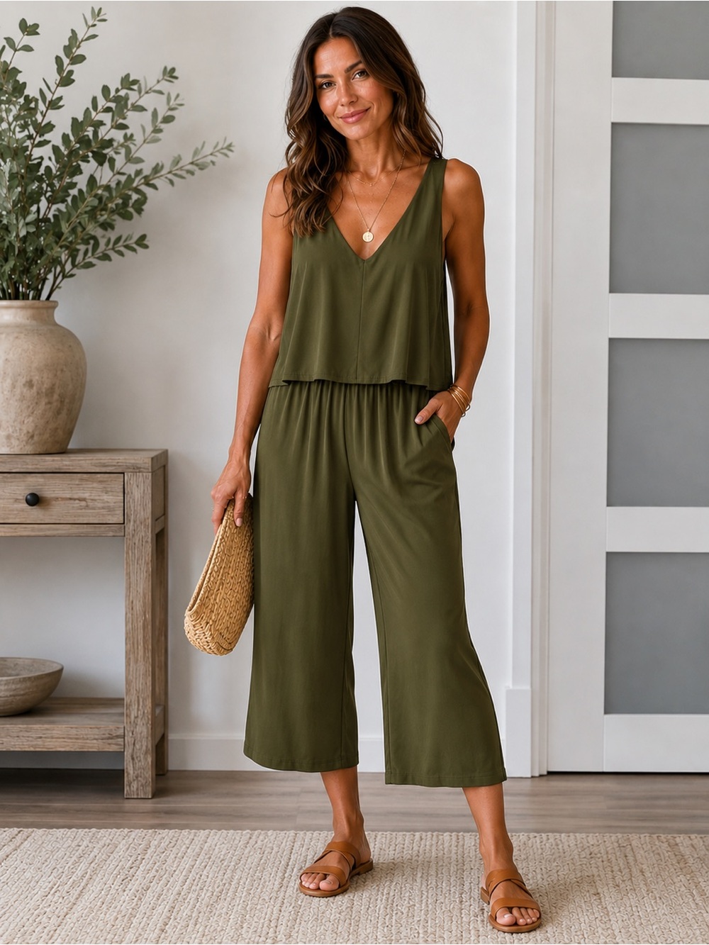 Nik and Nash Olive Green Cropped Wide Leg Jumpsuit | Women's Medium | Made in US